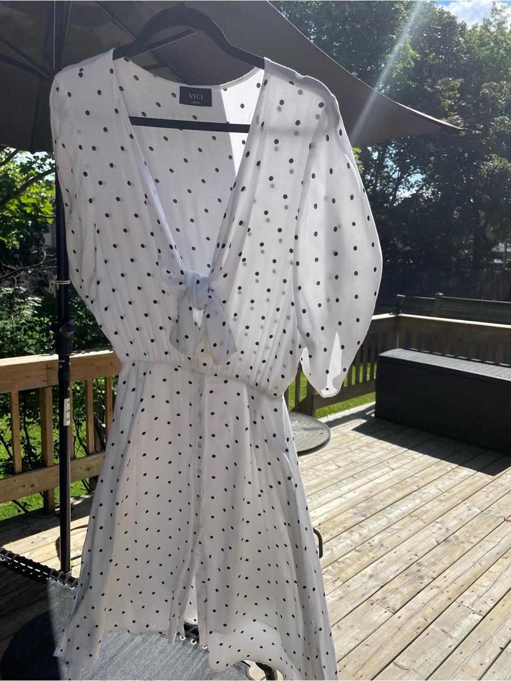 Vintage. Vici White Midi Dress with Black Polka Dots and Front Tie. Large. Lined